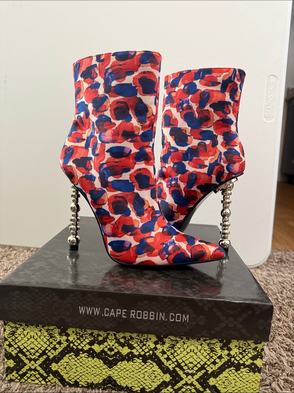Cape Robbin Red & Blue Printed Beaded-Stiletto Ankle Boots